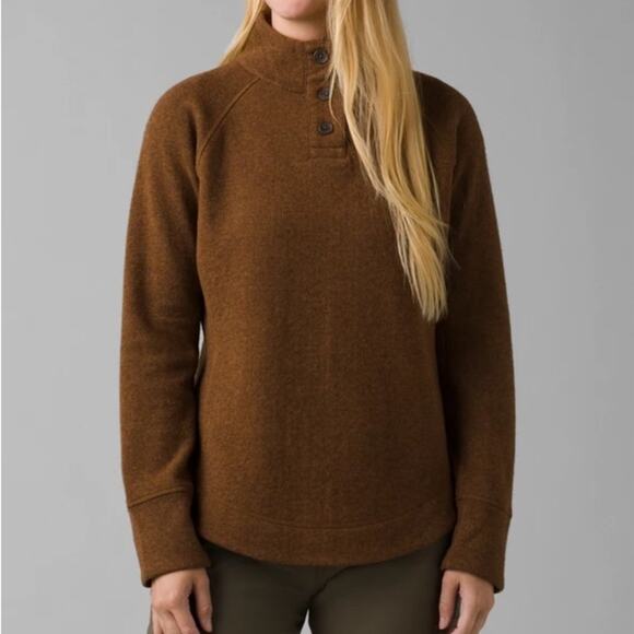 Prana Frozen Falls Sepia Brown Recycled Wool Blend 1/4 Button Pullover Sweater L - Picture 9 of 9
